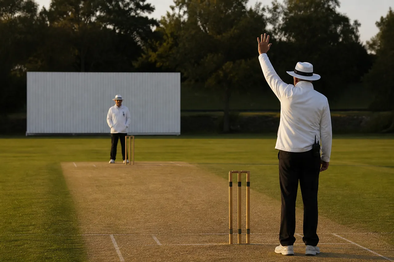 Des juges de cricket en action sur un terrain en herbe