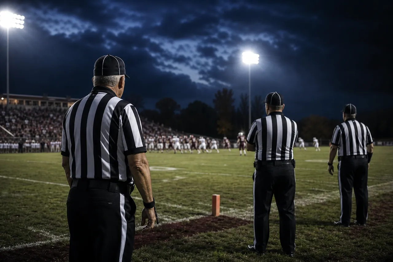 Des officiels de football américain sur un terrain de nuit