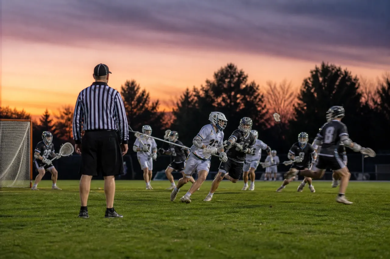 Oficiais de lacrosse em um campo sintético