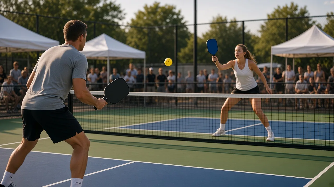 Pickleball tournament match with players on opposite sides of the net