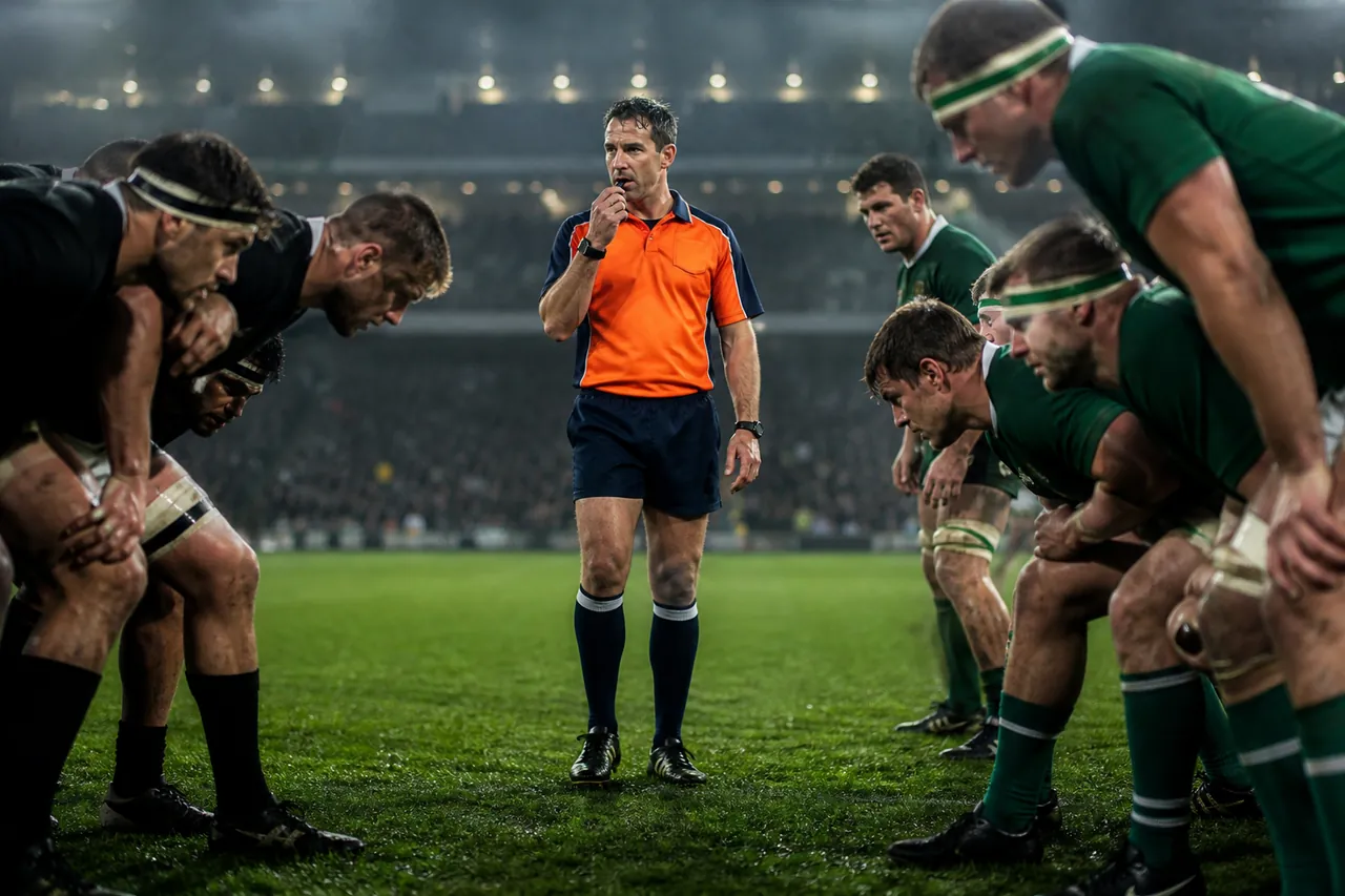 Un arbitro di rugby in una partita su un campo in erba