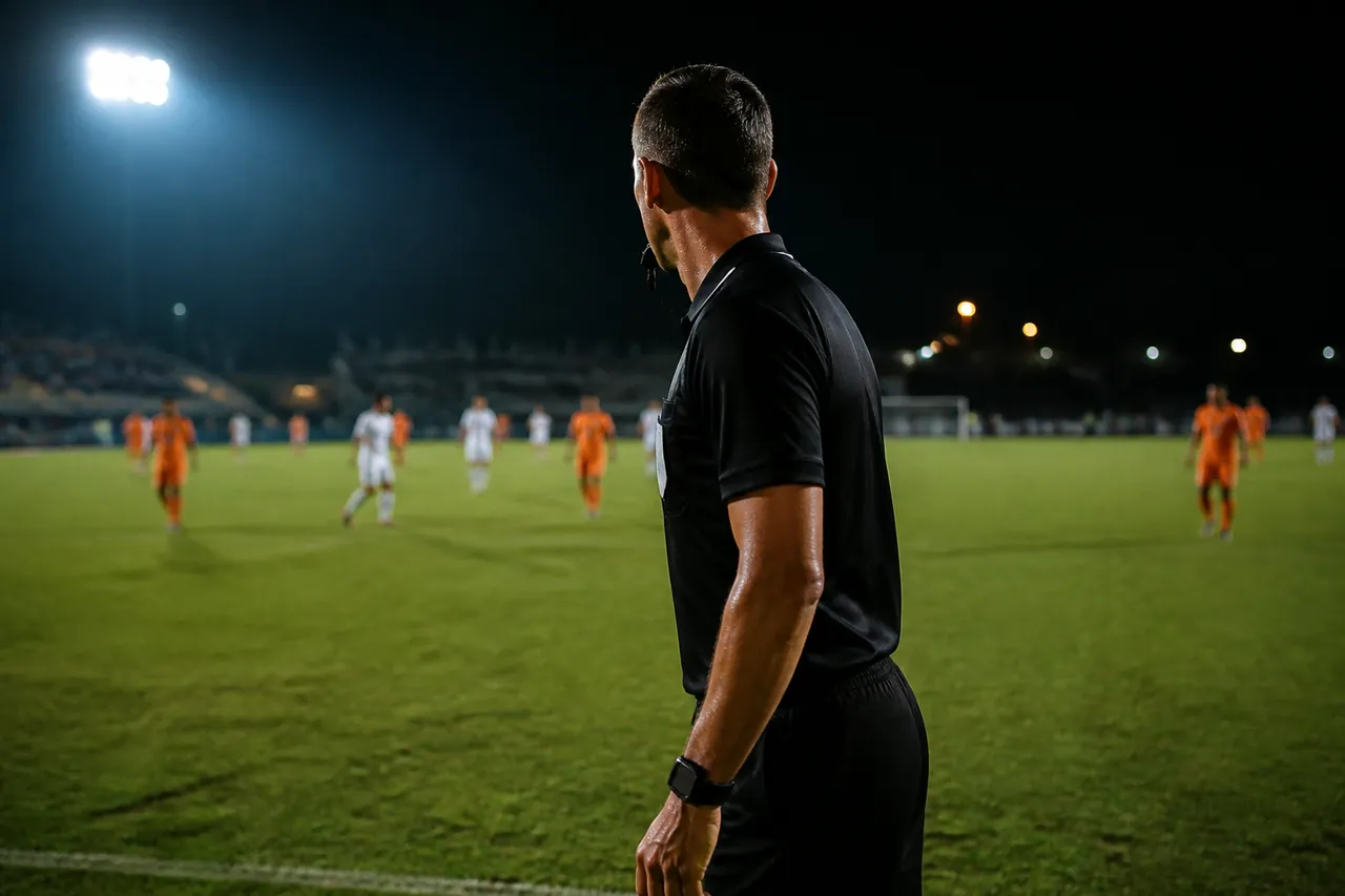 Un arbitre de football qui suit le jeu sur un terrain en herbe