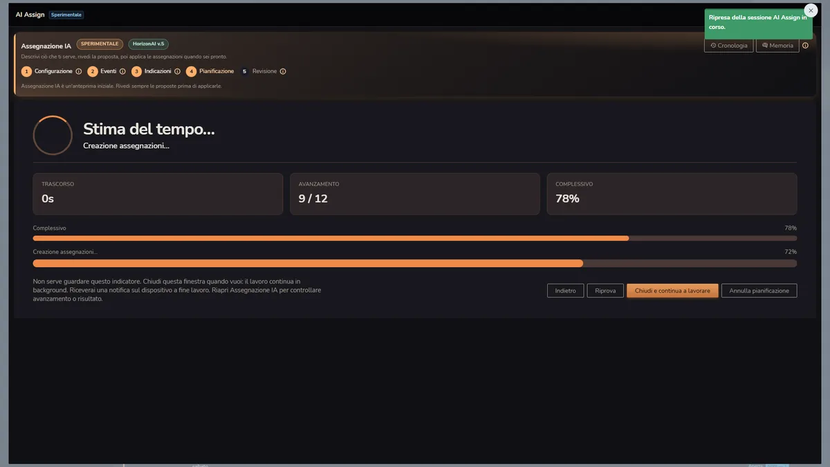 Progresso AI Assign di Horizon Staff Scheduler in modalità scura durante la bozza delle assegnazioni di eventi e turni