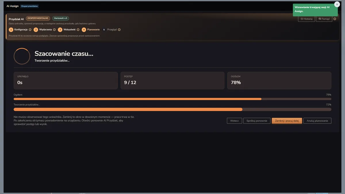 Postęp AI Assign Horizon Staff Scheduler w trybie ciemnym podczas tworzenia przydziałów wydarzeń i zmian