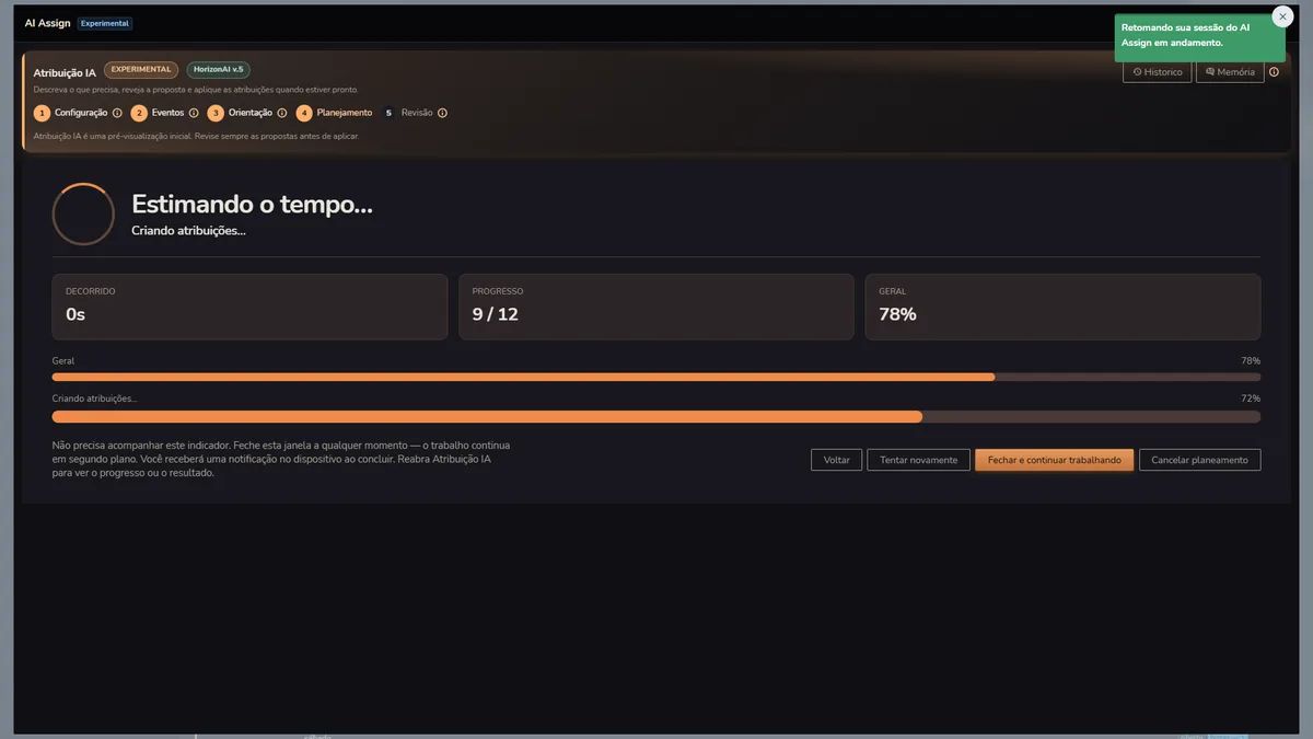 Progresso do AI Assign do Horizon Staff Scheduler em modo escuro ao redigir designações de eventos e turnos