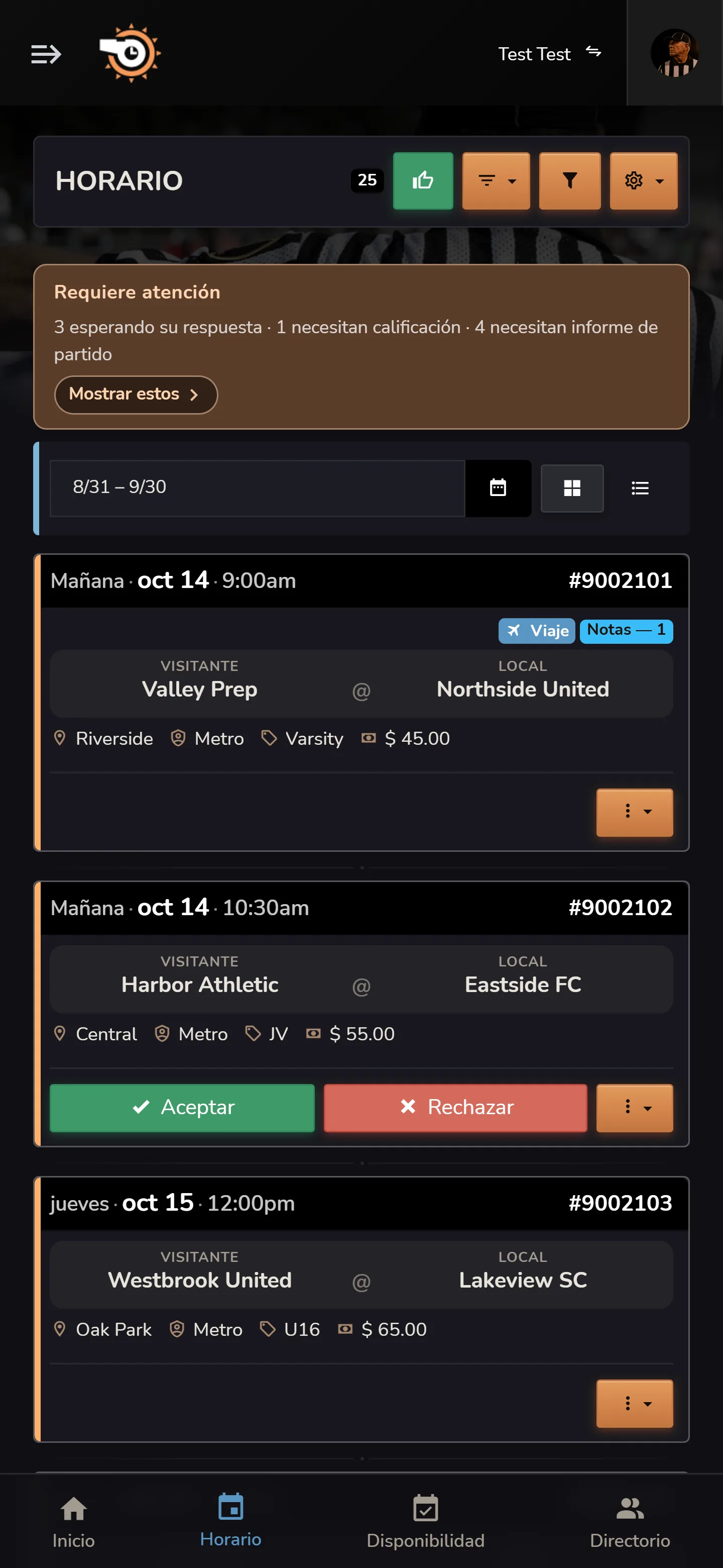 Agenda empleado de Horizon Staff Scheduler con Aceptar y Rechazar