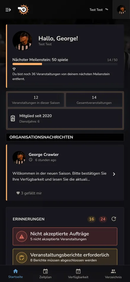 Horizon Staff Scheduler-Mitgliederbereich im dunklen Modus auf einem Telefon