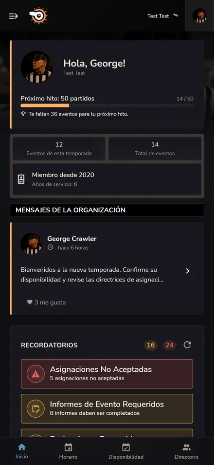 Inicio de miembros de Horizon Staff Scheduler en modo oscuro en un teléfono