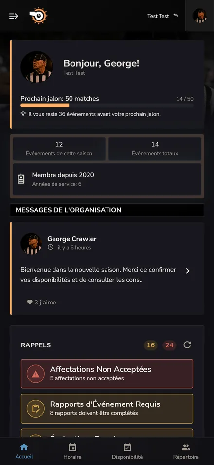 Accueil des membres Horizon Staff Scheduler en mode sombre sur un téléphone