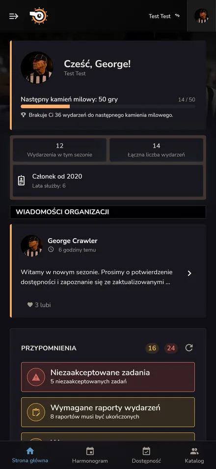 Strona główna członków Horizon Staff Scheduler w trybie ciemnym na telefonie