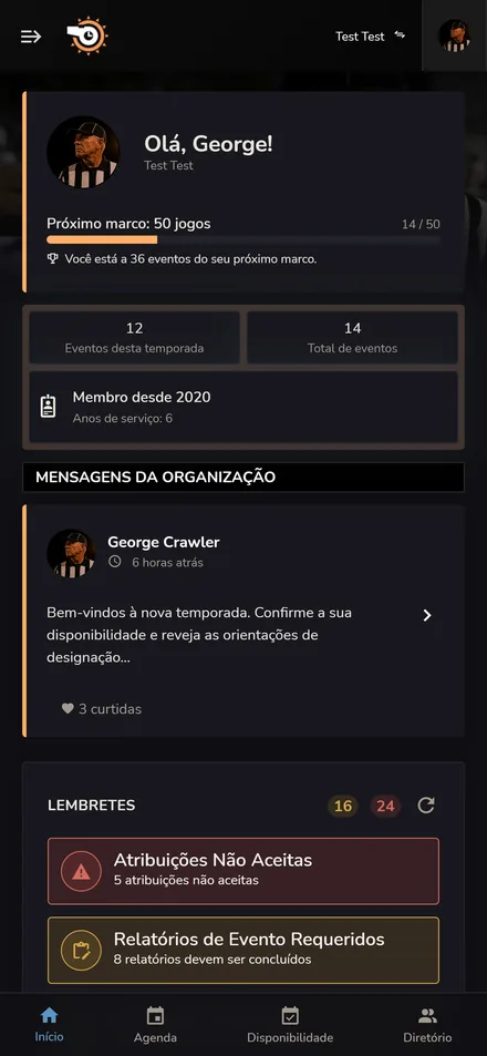 Página inicial dos membros Horizon Staff Scheduler no modo escuro em um telefone