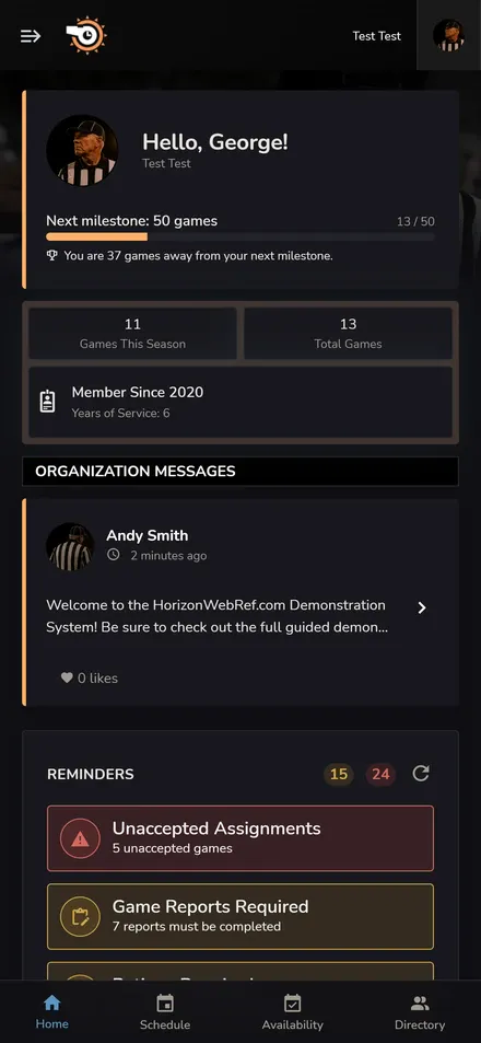 Horizon Staff Scheduler dark-mode members home on a phone