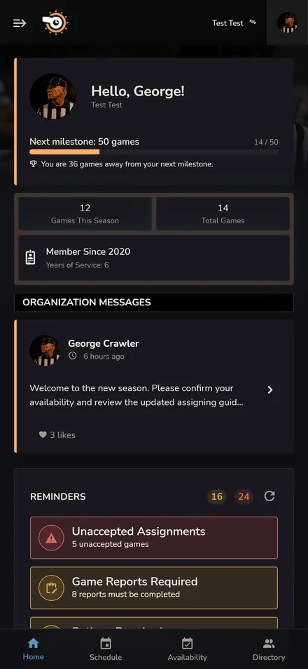 Horizon Staff Scheduler dark-mode members home on a phone
