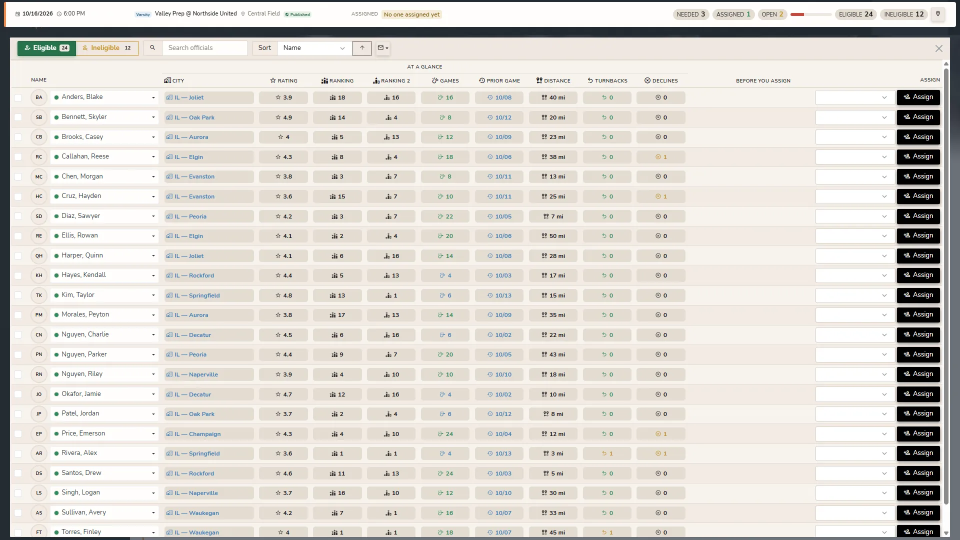 Horizon Staff Scheduler light-mode assigning window