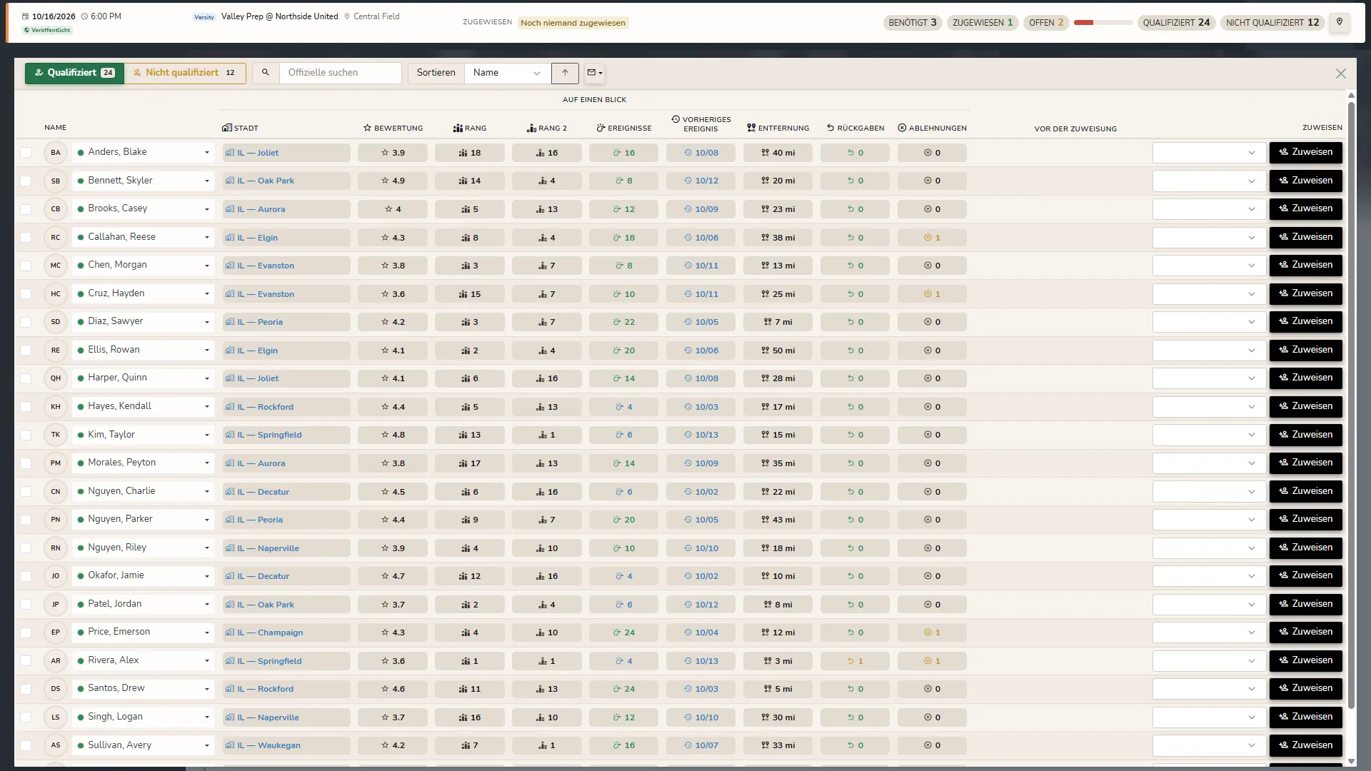 Horizon Staff Scheduler-Zuweisungsfenster im hellen Modus