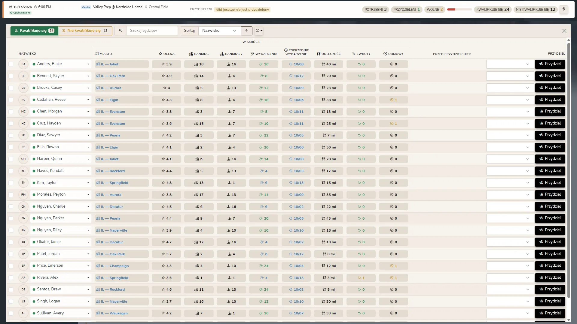 Okno przydzielania Horizon Staff Scheduler w trybie jasnym
