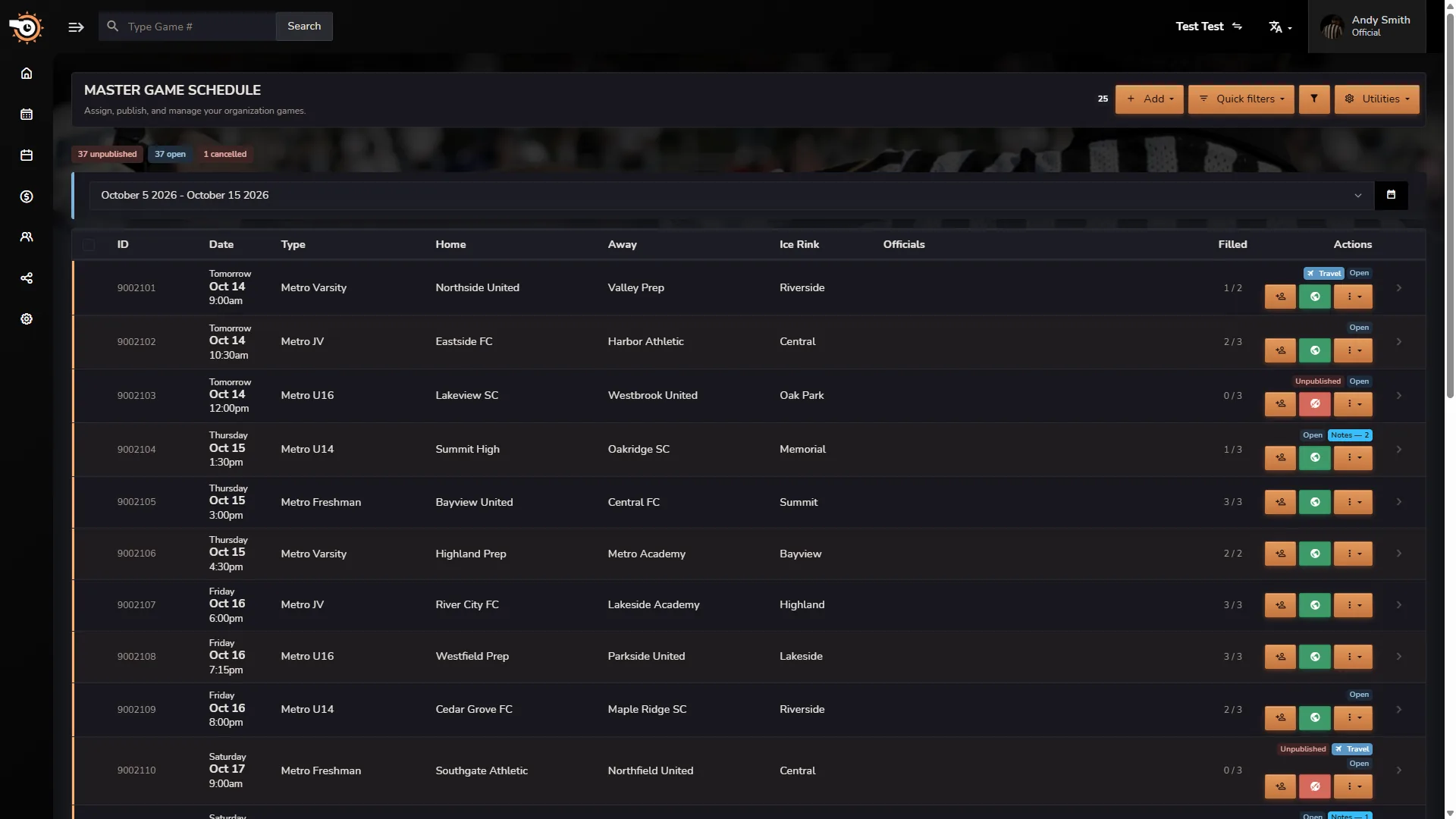 Horizon WebRef dark-mode master game schedule