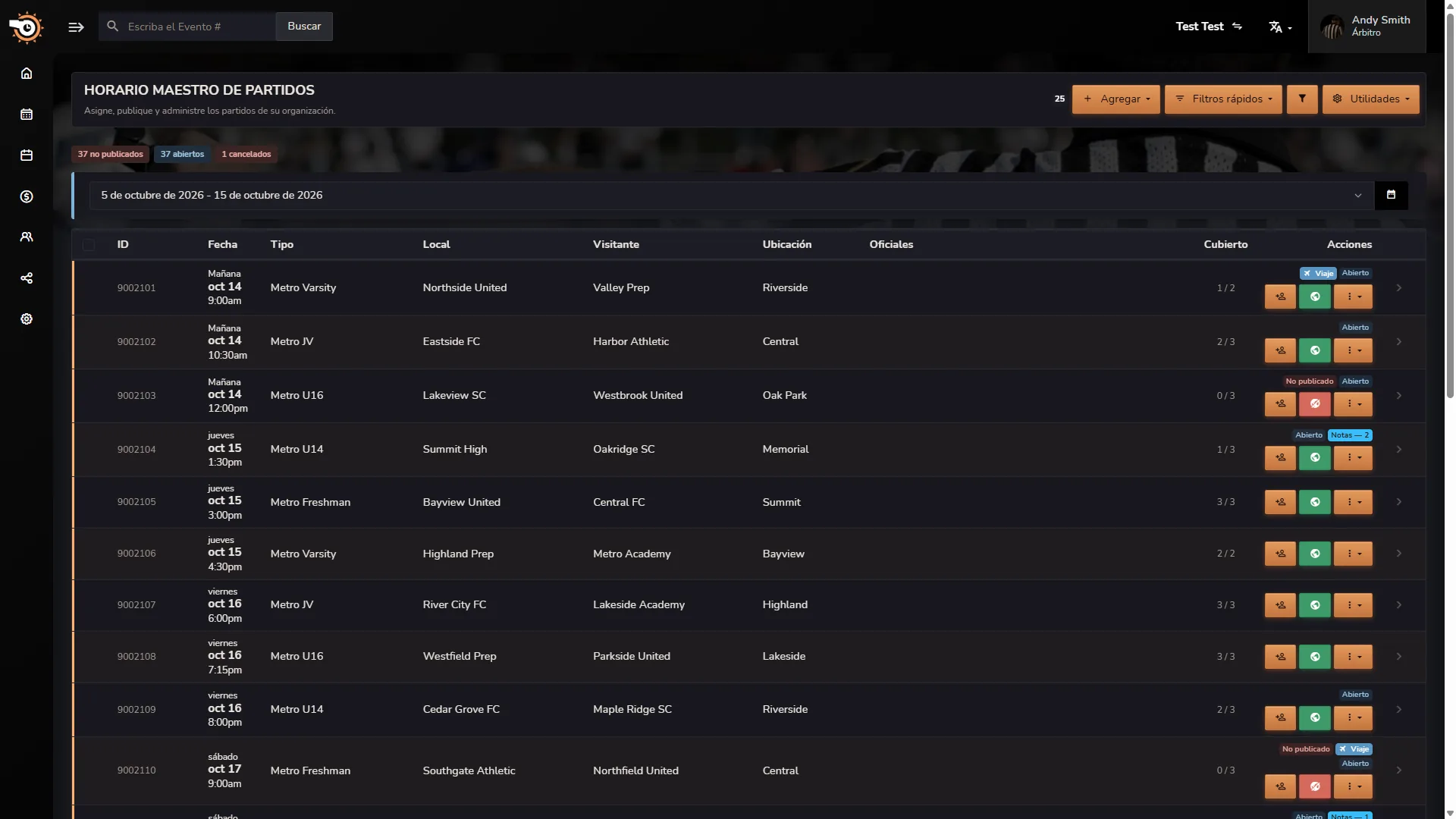 Calendario maestro de eventos de Horizon Staff Scheduler en modo oscuro