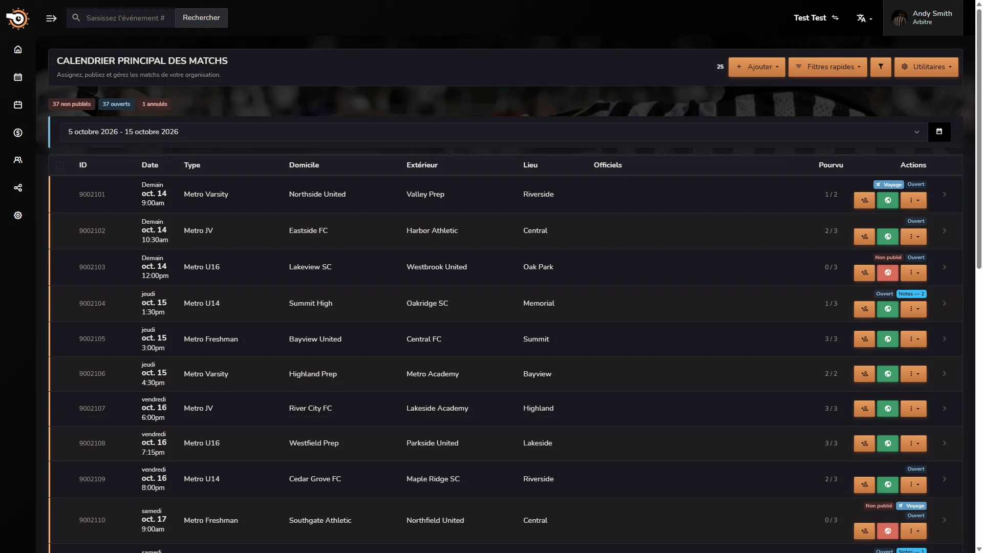 Calendrier principal des matchs Horizon WebRef en mode sombre