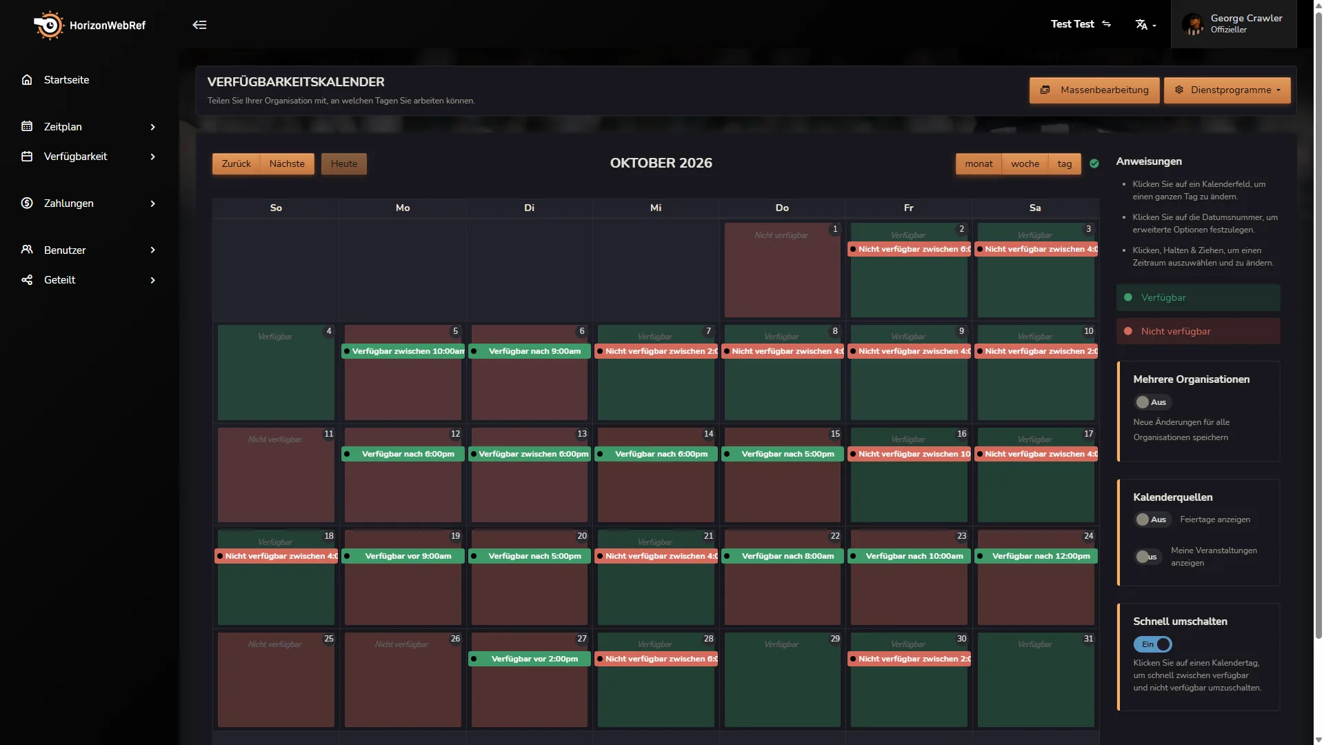 Horizon Staff Scheduler-Verfügbarkeitskalender im dunklen Modus