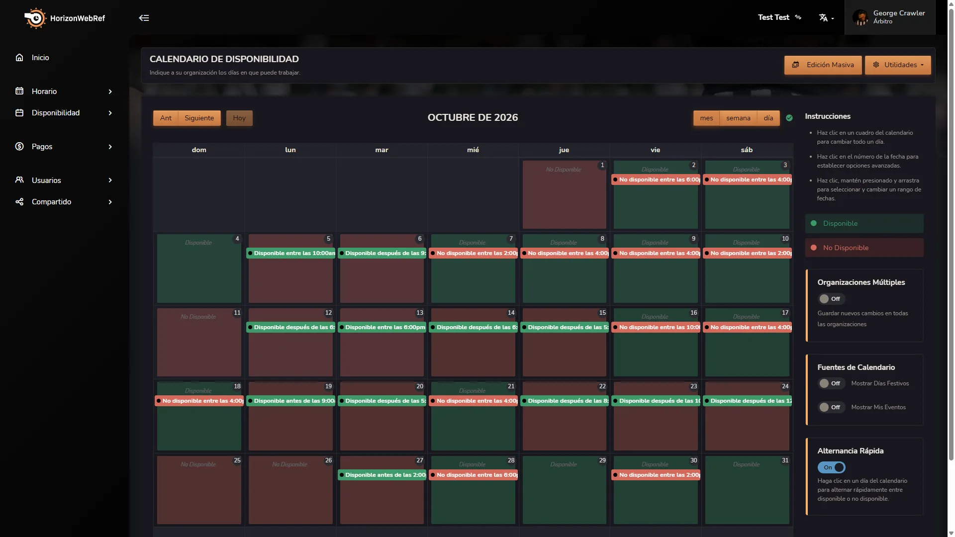 Calendario de disponibilidad de Horizon Staff Scheduler en modo oscuro