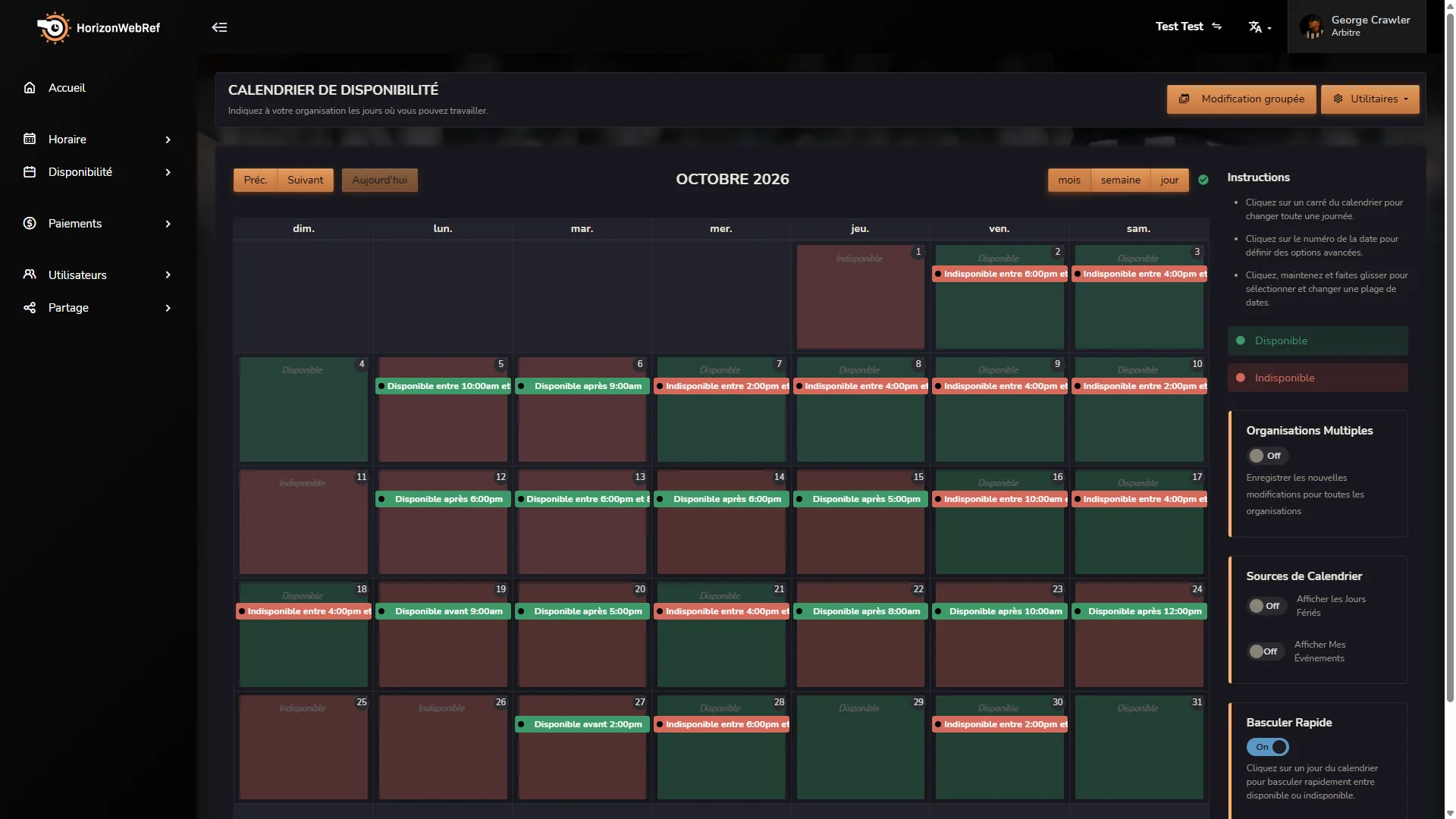 Calendrier de disponibilité Horizon Staff Scheduler en mode sombre