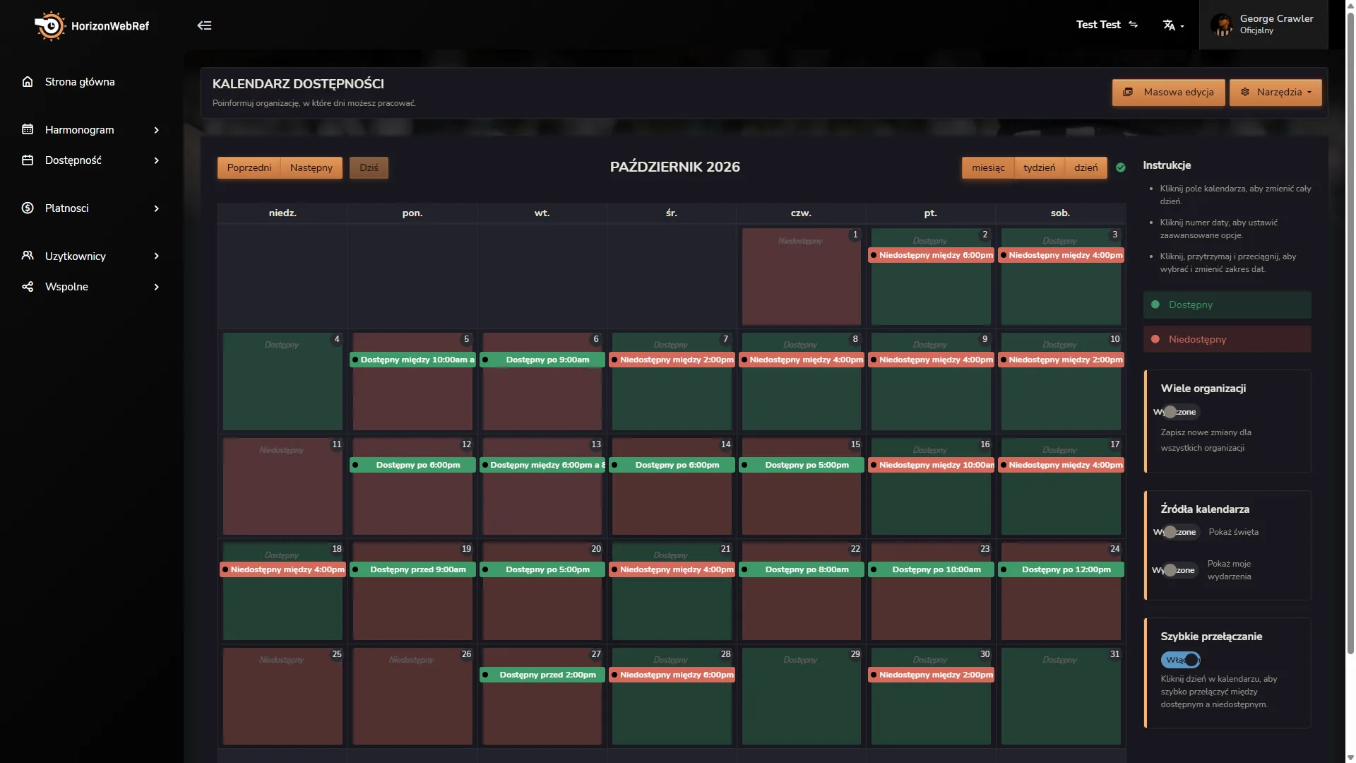 Kalendarz dostępności Horizon Staff Scheduler w trybie ciemnym
