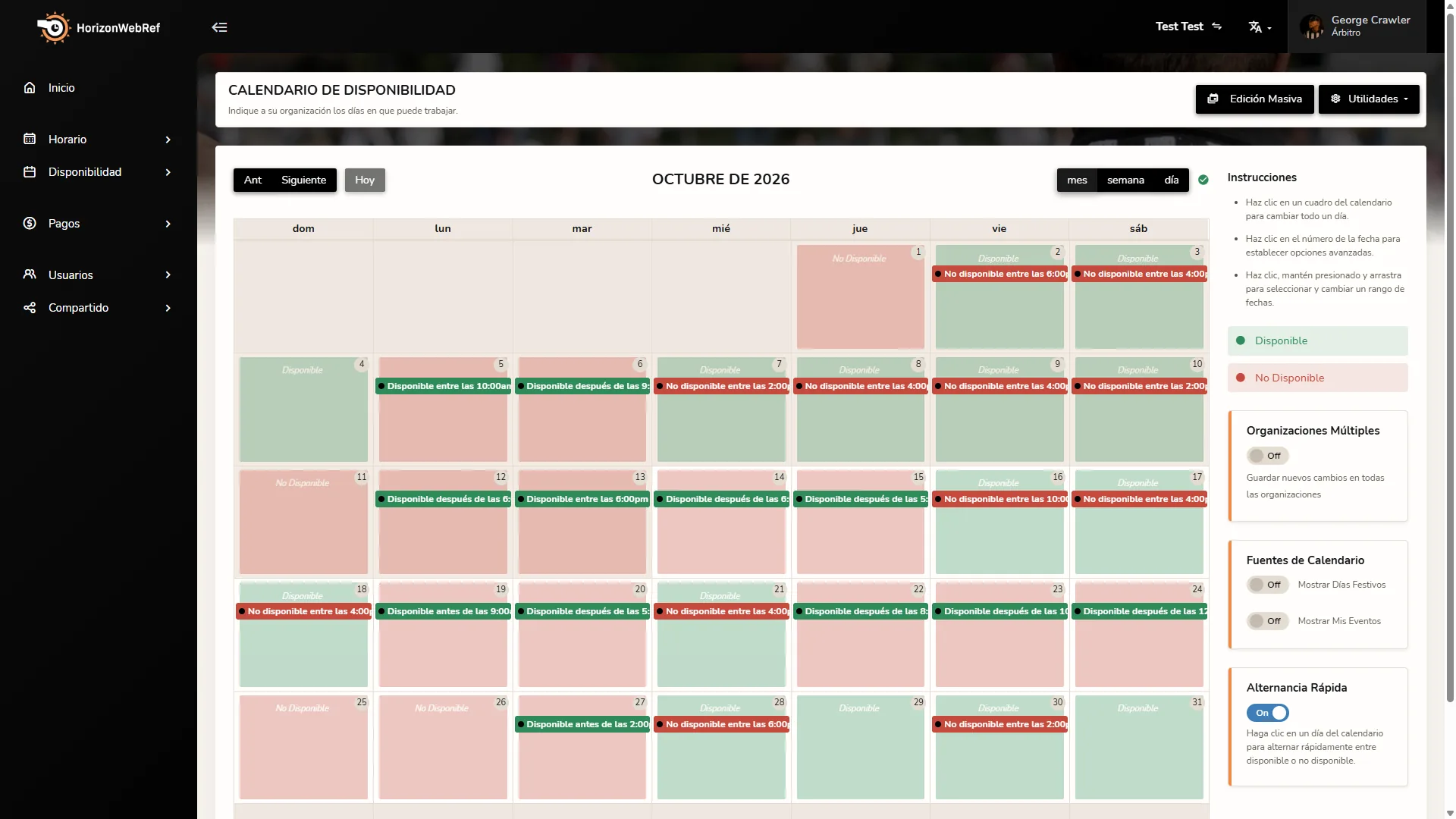 Calendario de disponibilidad de Horizon Staff Scheduler en modo claro