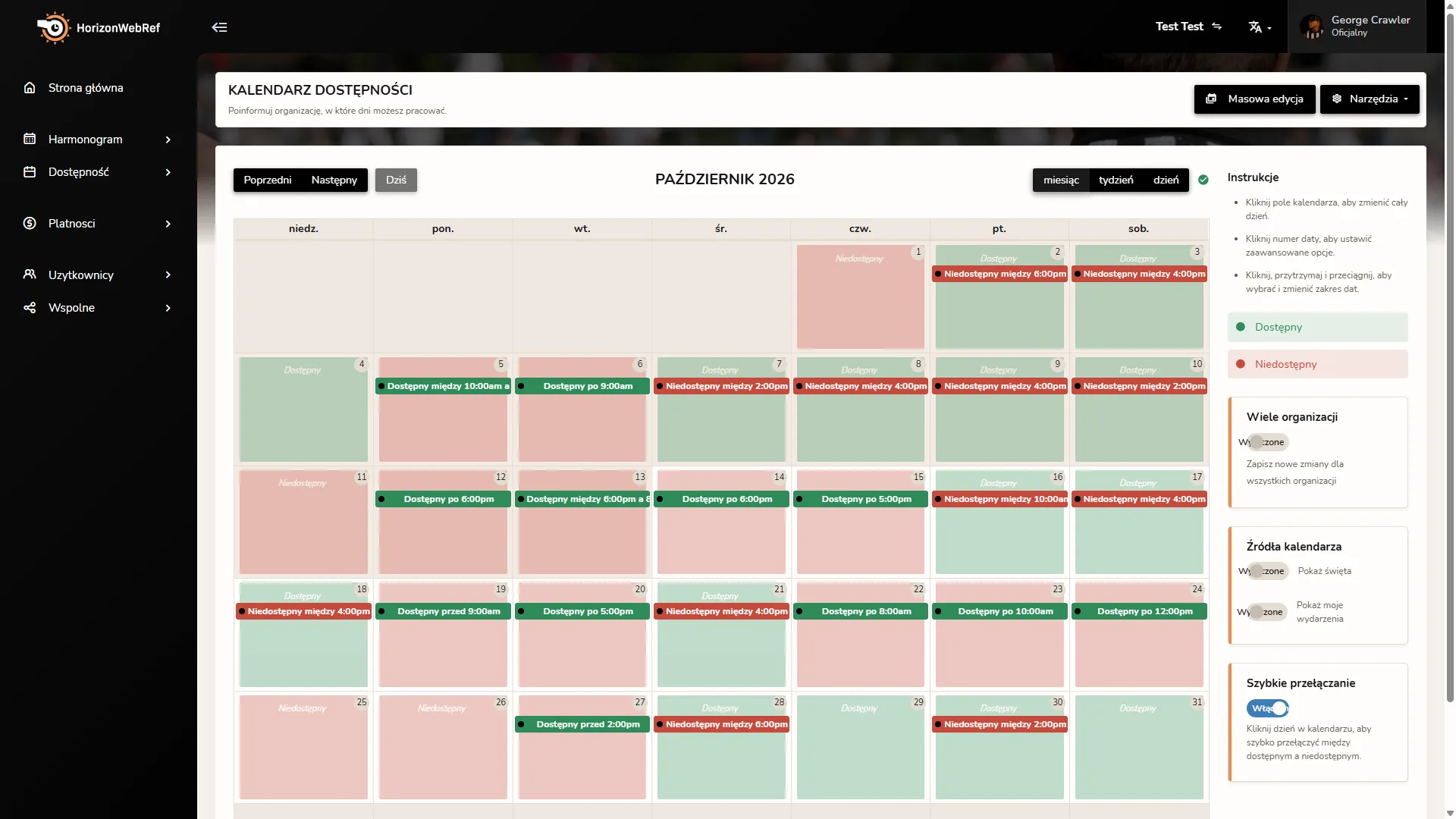 Kalendarz dostępności Horizon Staff Scheduler w trybie jasnym