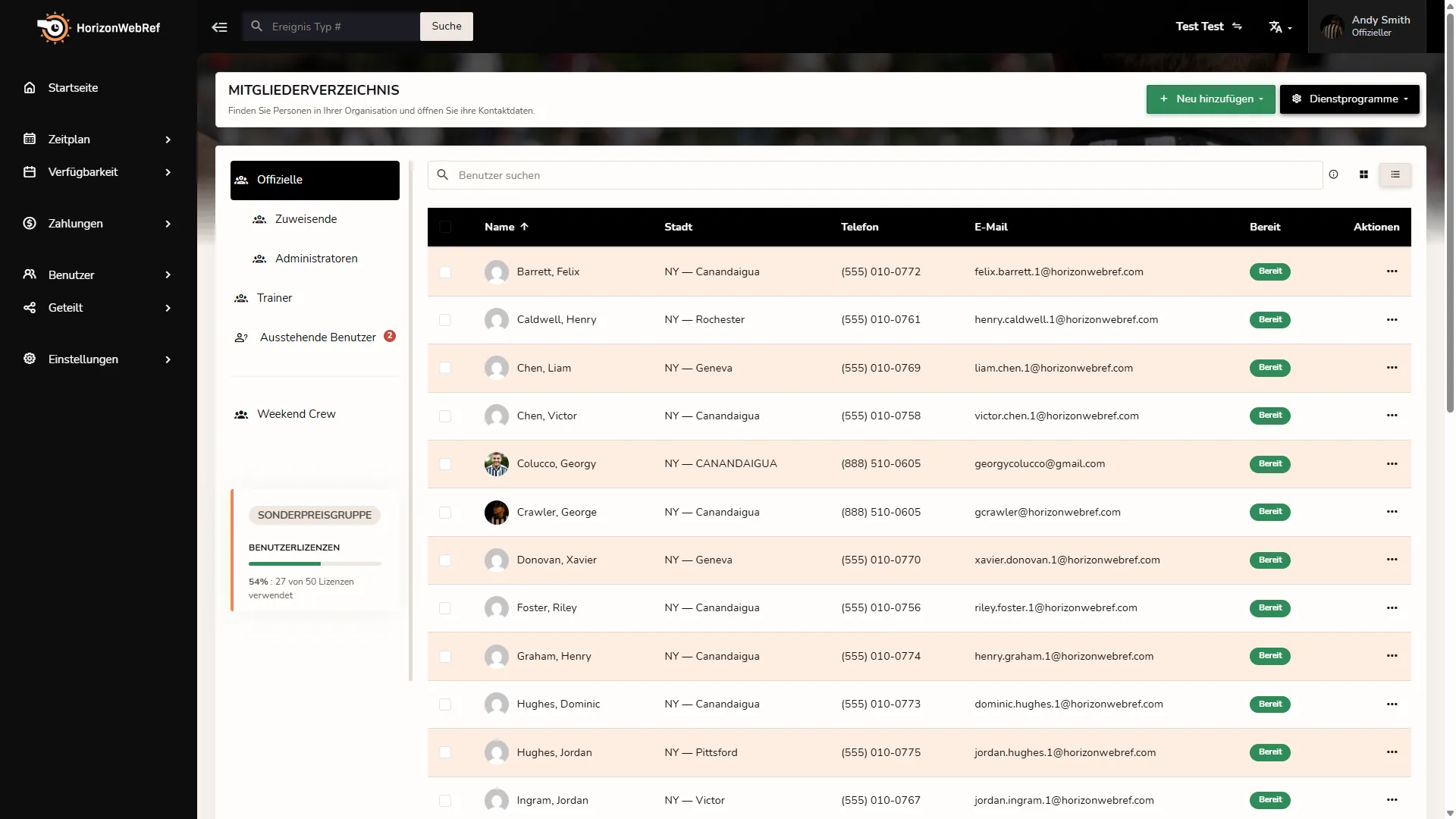 Horizon Staff Scheduler Mitgliederverzeichnis im hellen Modus
