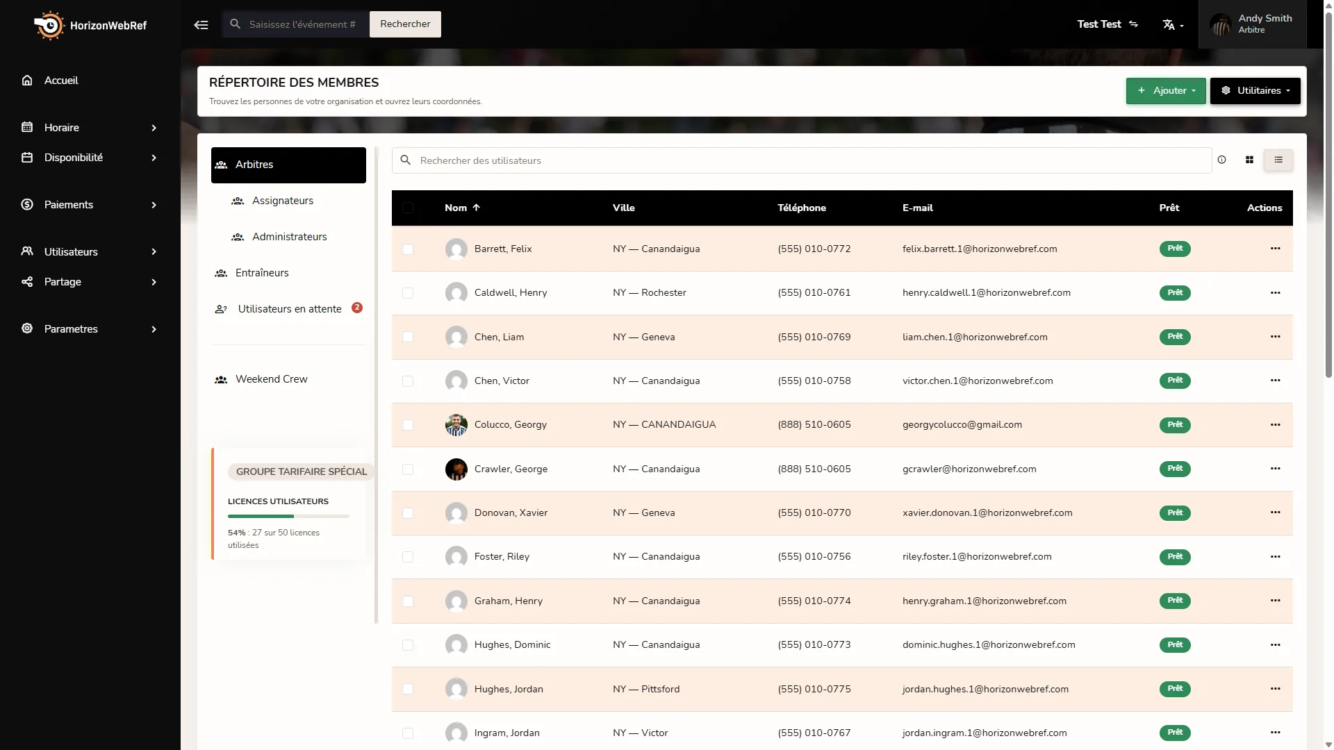 Annuaire des membres Horizon Staff Scheduler en mode clair