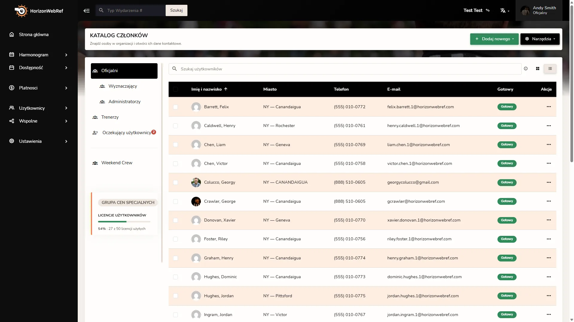 Katalog członków Horizon Staff Scheduler w trybie jasnym