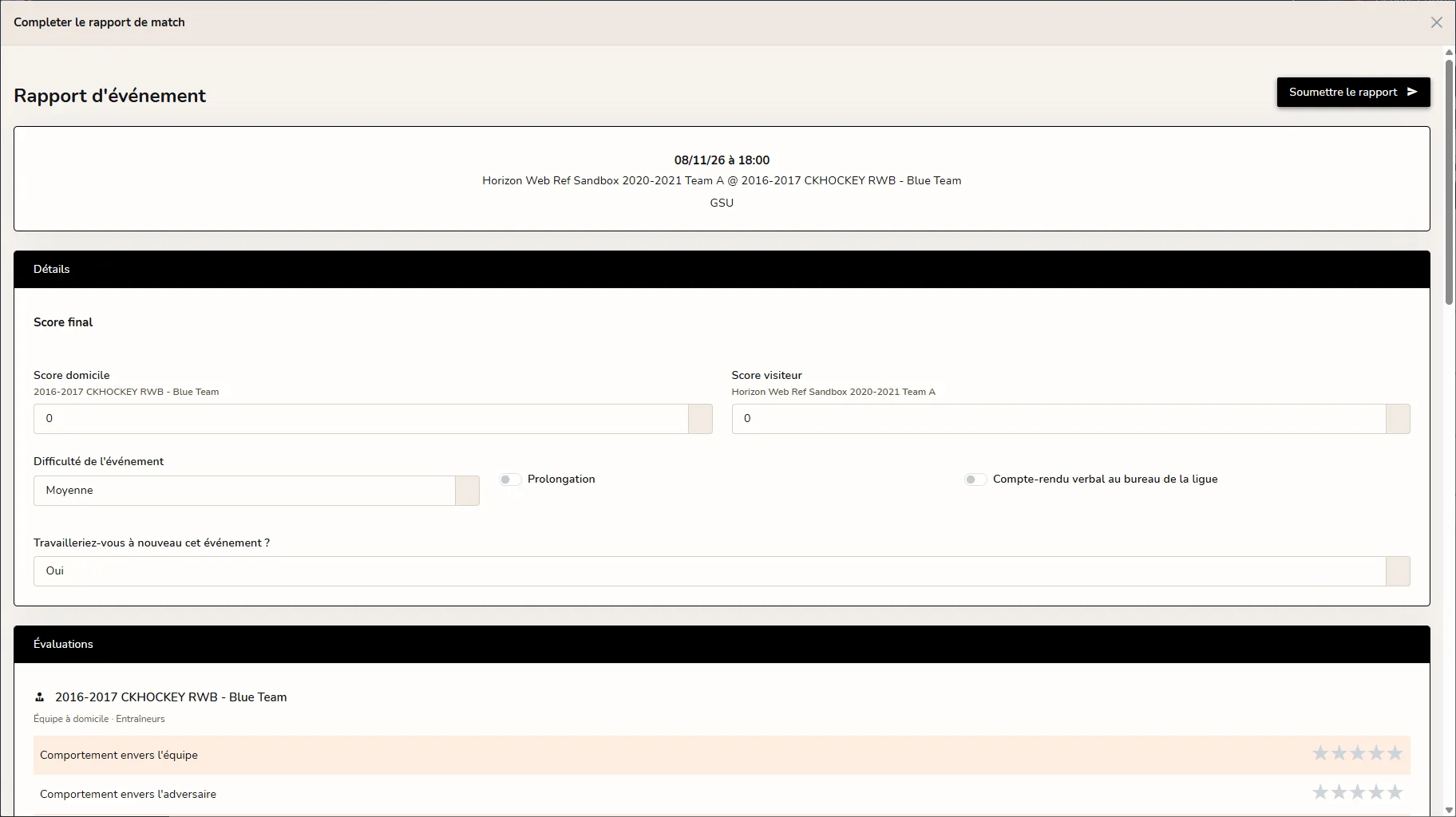 Notes des rapports d'événements Horizon Staff Scheduler en mode clair