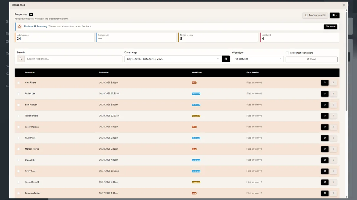 Horizon WebRef Custom Forms responses board in light mode