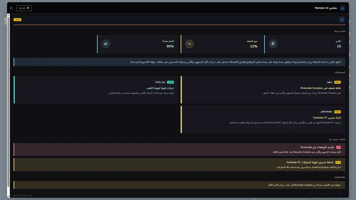 تقارير المباريات في Horizon WebRef في الوضع الداكن مع ملخص Horizon AI
