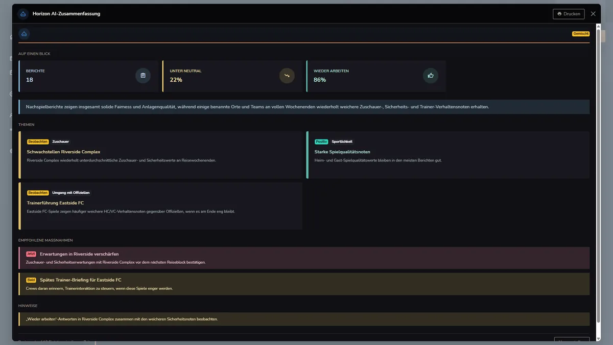 Horizon WebRef Spielberichte im Dunkelmodus mit Horizon AI-Zusammenfassung