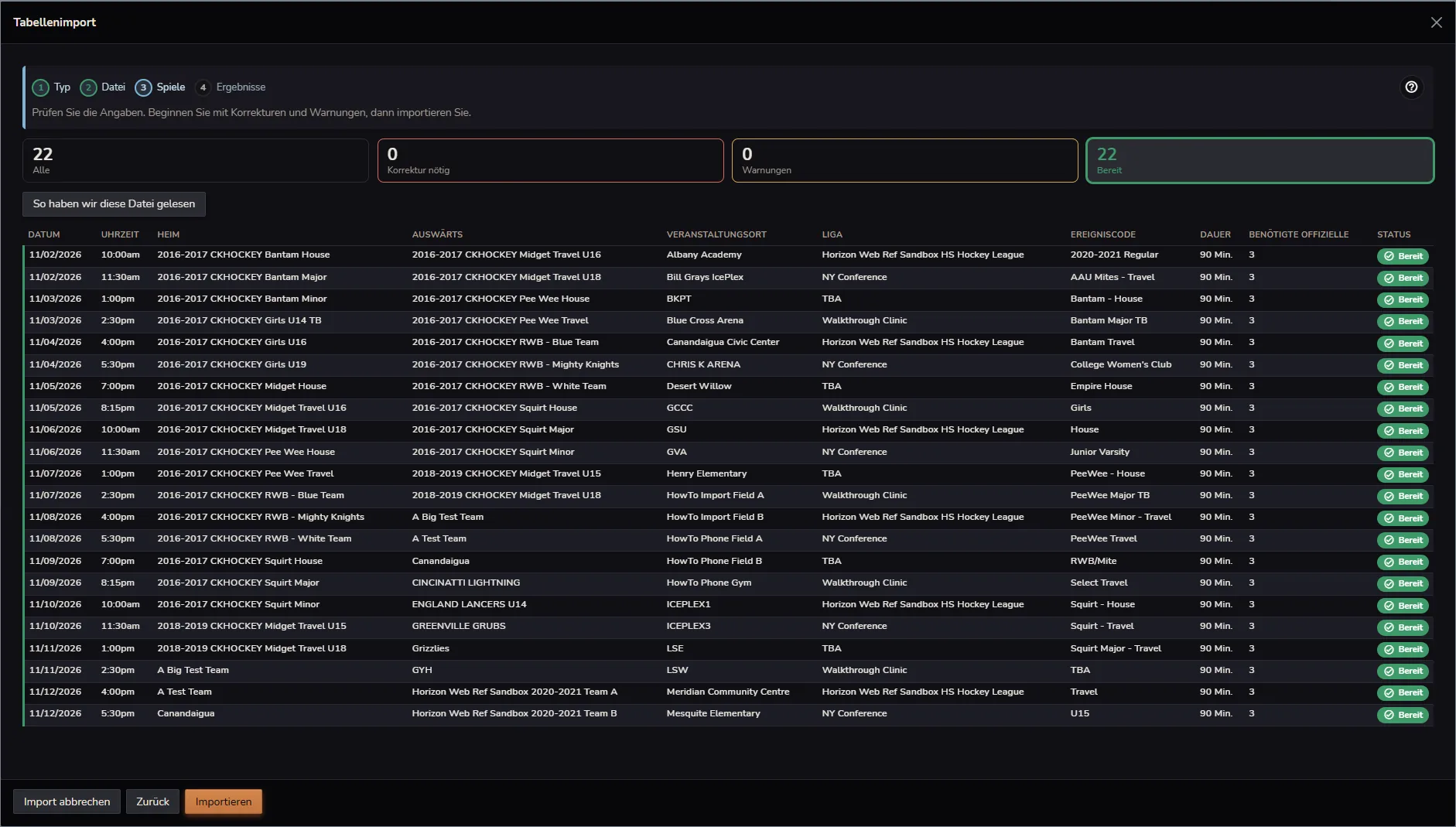 Horizon Staff Scheduler Zeitplan-Import im dunklen Modus