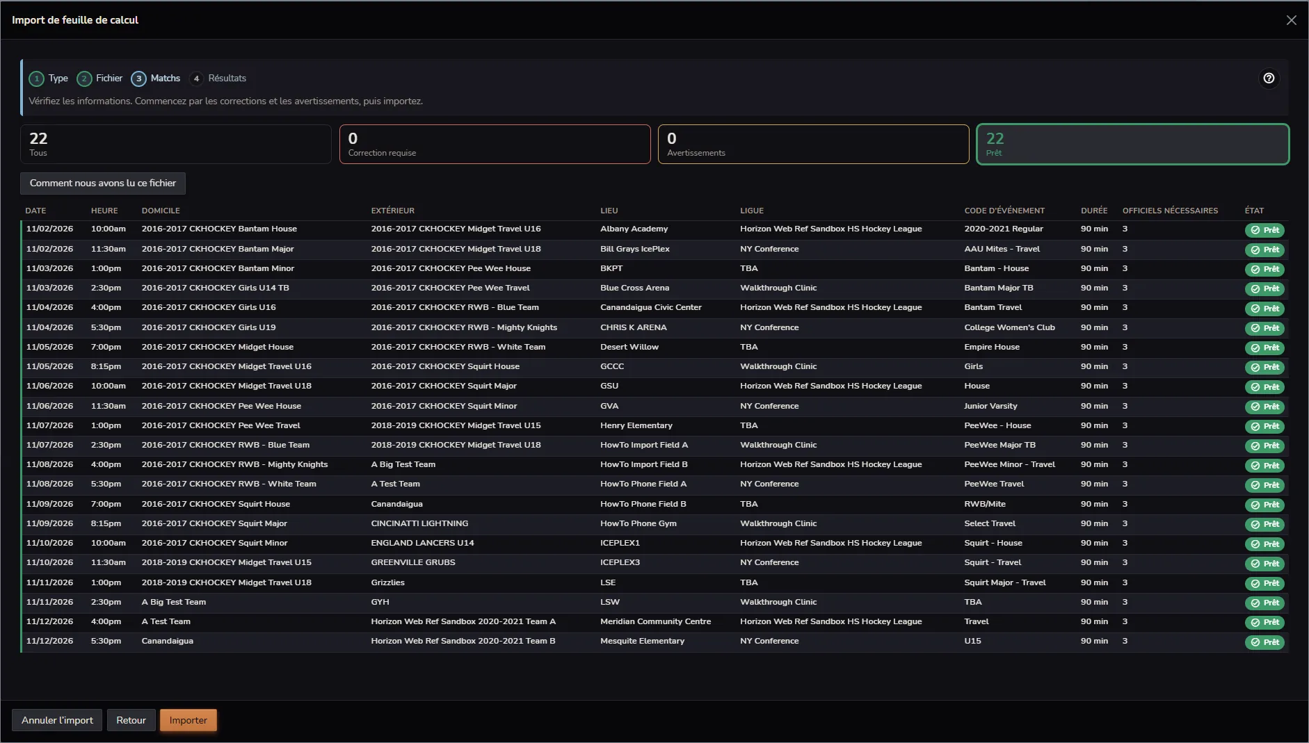 Importation de calendrier Horizon Staff Scheduler en mode sombre