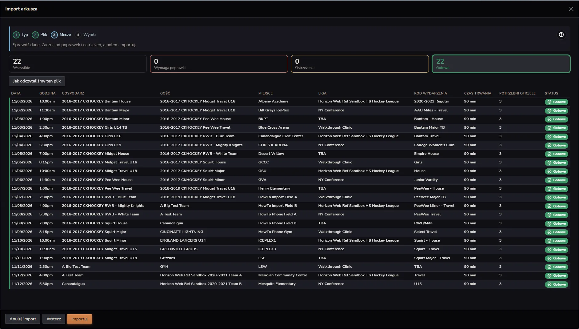 Import harmonogramu Horizon Staff Scheduler w trybie ciemnym