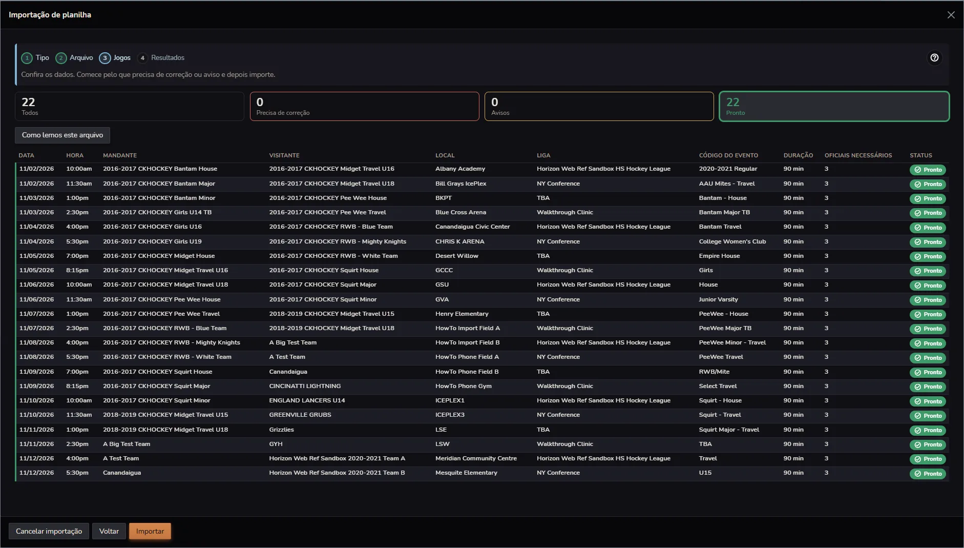 Importação de calendário Horizon Staff Scheduler no modo escuro