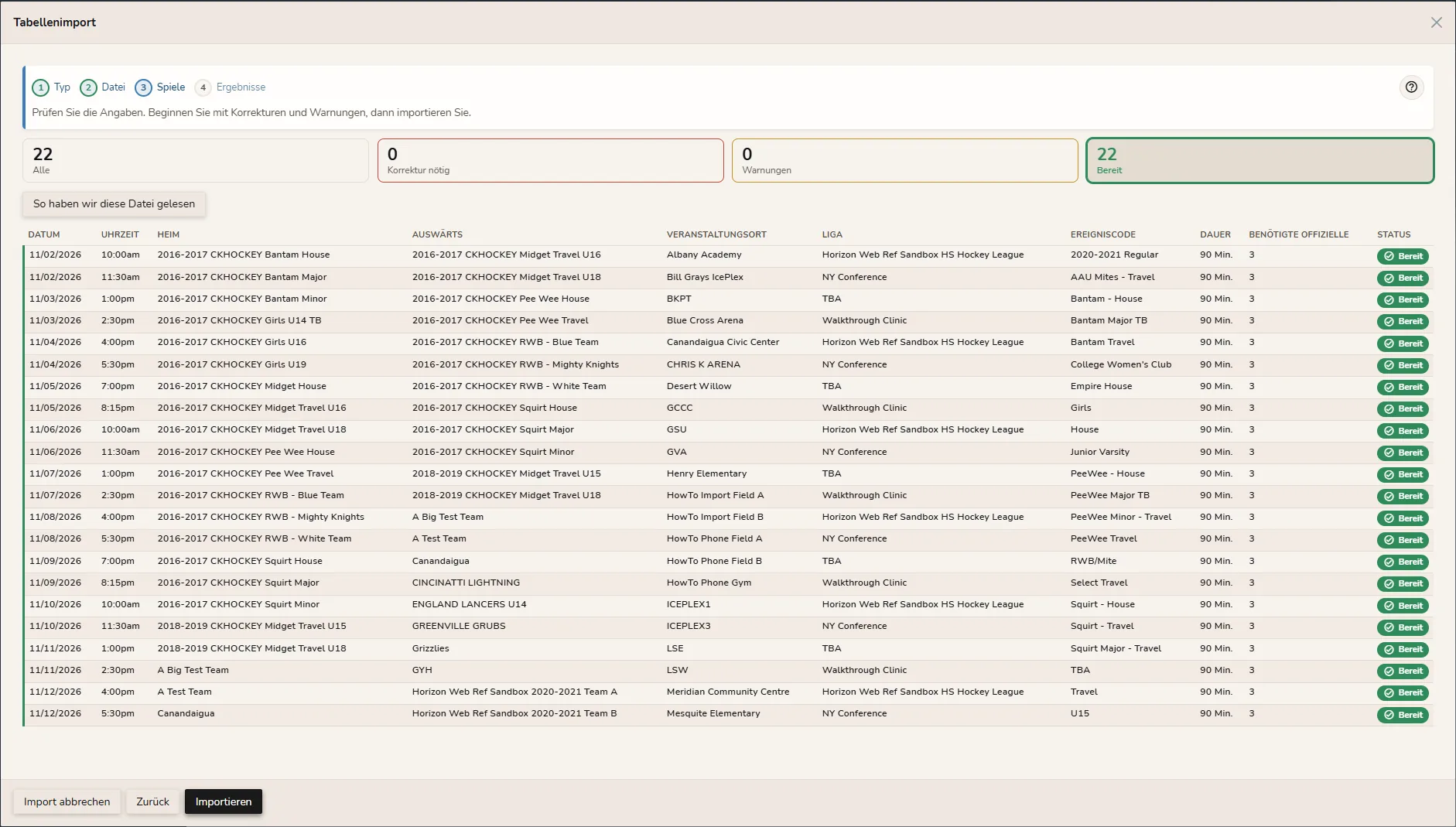 Horizon Staff Scheduler Zeitplan-Import im hellen Modus