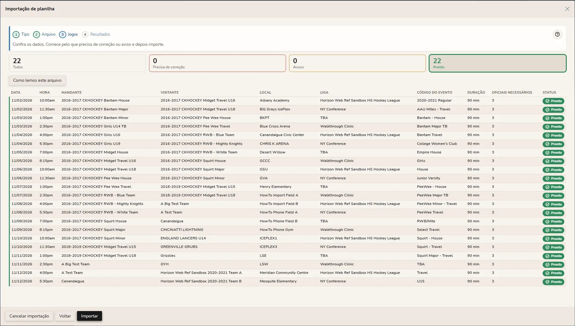 Importação de calendário Horizon Staff Scheduler no modo claro