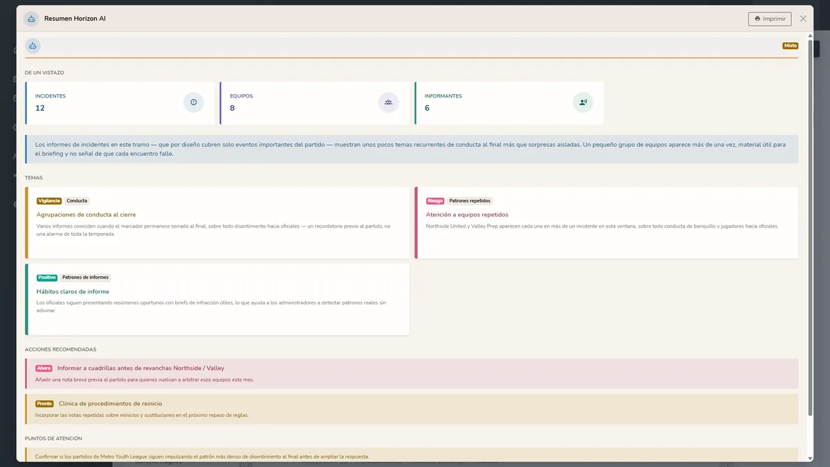 Informes de incidente de Horizon Staff Scheduler en modo claro con un Resumen Horizon AI