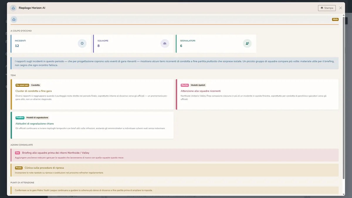 Rapporti di incidente Horizon WebRef in modalità chiara con Riepilogo Horizon AI