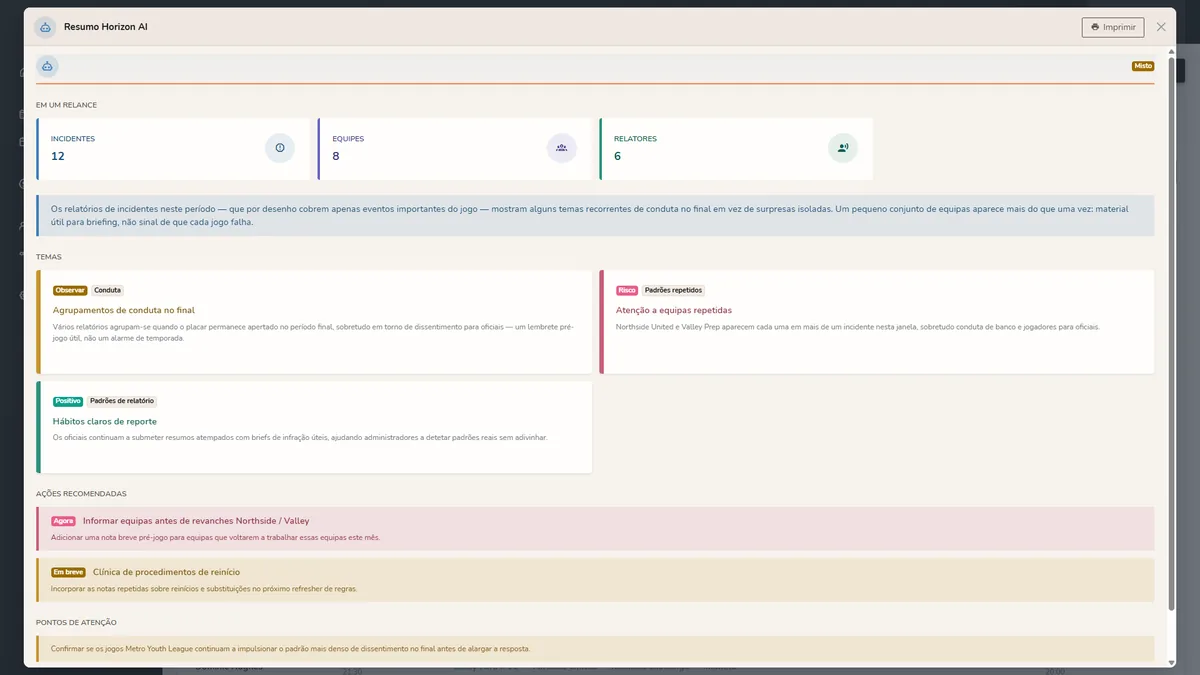 Relatórios de incidente do Horizon WebRef em modo claro com um Resumo Horizon AI