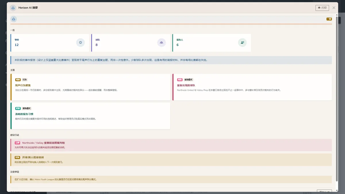 带 Horizon AI 摘要的 Horizon Staff Scheduler 事故报告（浅色模式）