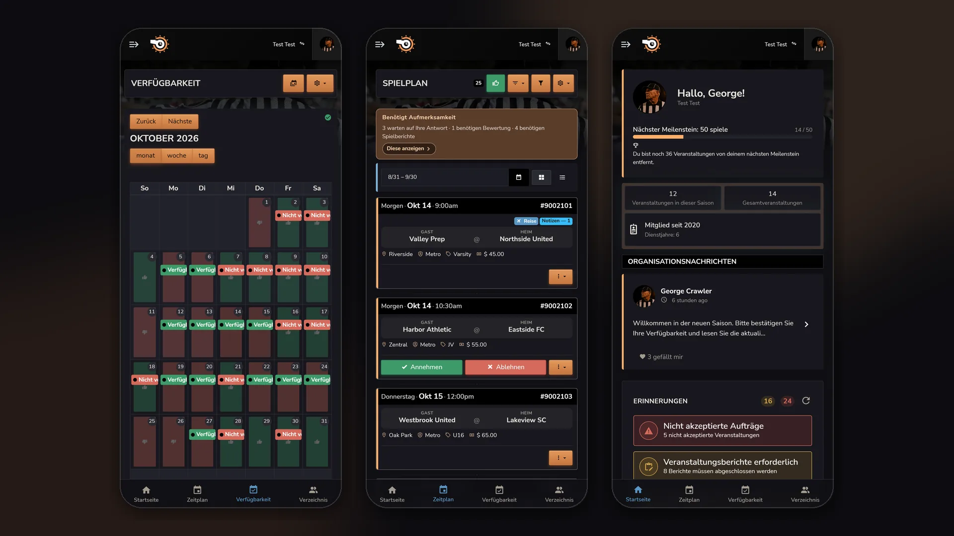 Horizon Staff Scheduler Telefone im dunklen Modus mit Verfügbarkeit, Plan Annehmen und Ablehnen sowie Mitgliederbereich