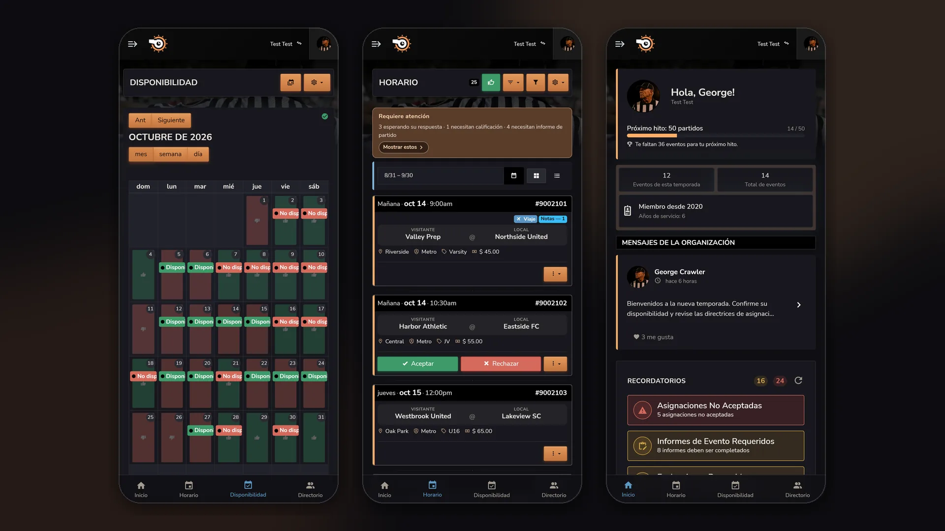 Teléfonos Horizon Staff Scheduler en modo oscuro con disponibilidad, calendario Aceptar y Rechazar e inicio de miembros