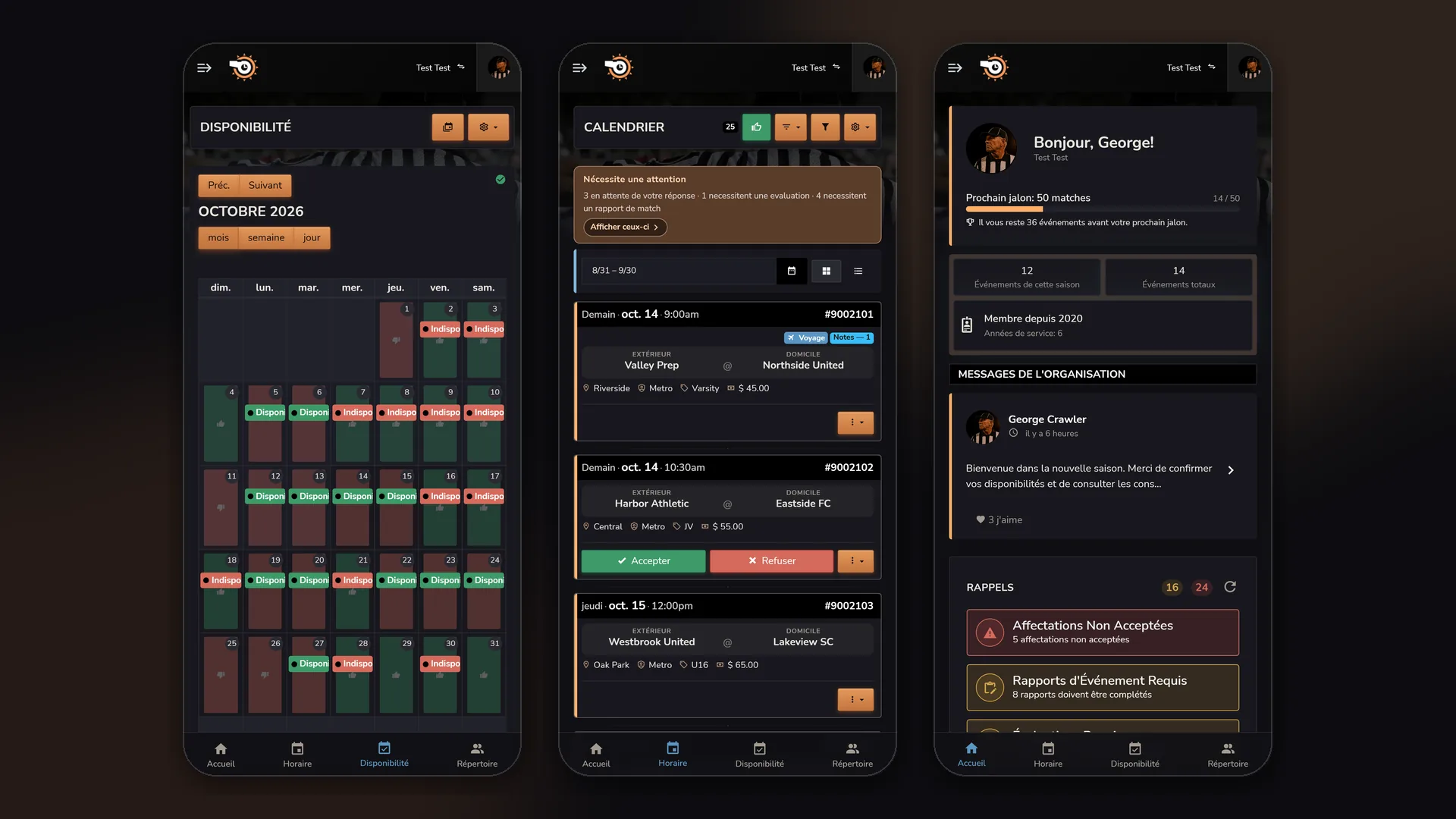 Téléphones Horizon Staff Scheduler en mode sombre : disponibilité, calendrier Accepter et Refuser, et accueil des membres