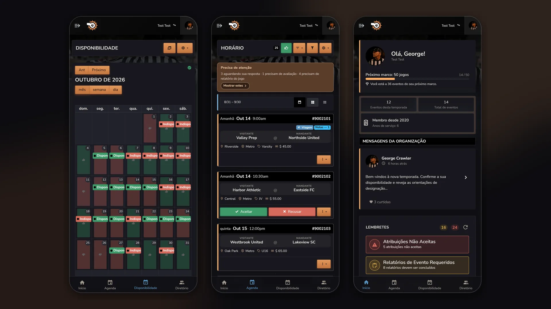 Telefones Horizon Staff Scheduler no modo escuro com disponibilidade, calendário Aceitar e Recusar e página inicial dos membros